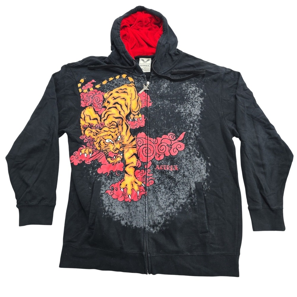 Avirex Mens XL Y2K Full Zip Hoodie Tiger Graphic Black Red Hood Wings Zipper